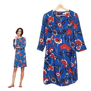Boden Isabelle Shift Dress Blue Red Floral Print Midi Length Size 6 3/4 Sleeves